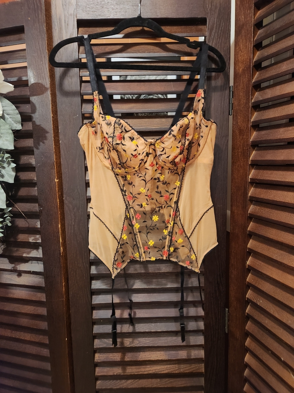 Adore Me Beige Sheer Floral Embroidered Bustier with Black Straps
